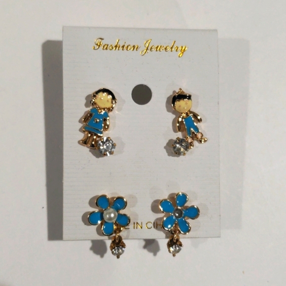Gold Tone Blue Boy, Girl, and Flower Crystal Stud Earrings Set - Women's Jewelry - Picture 3 of 8